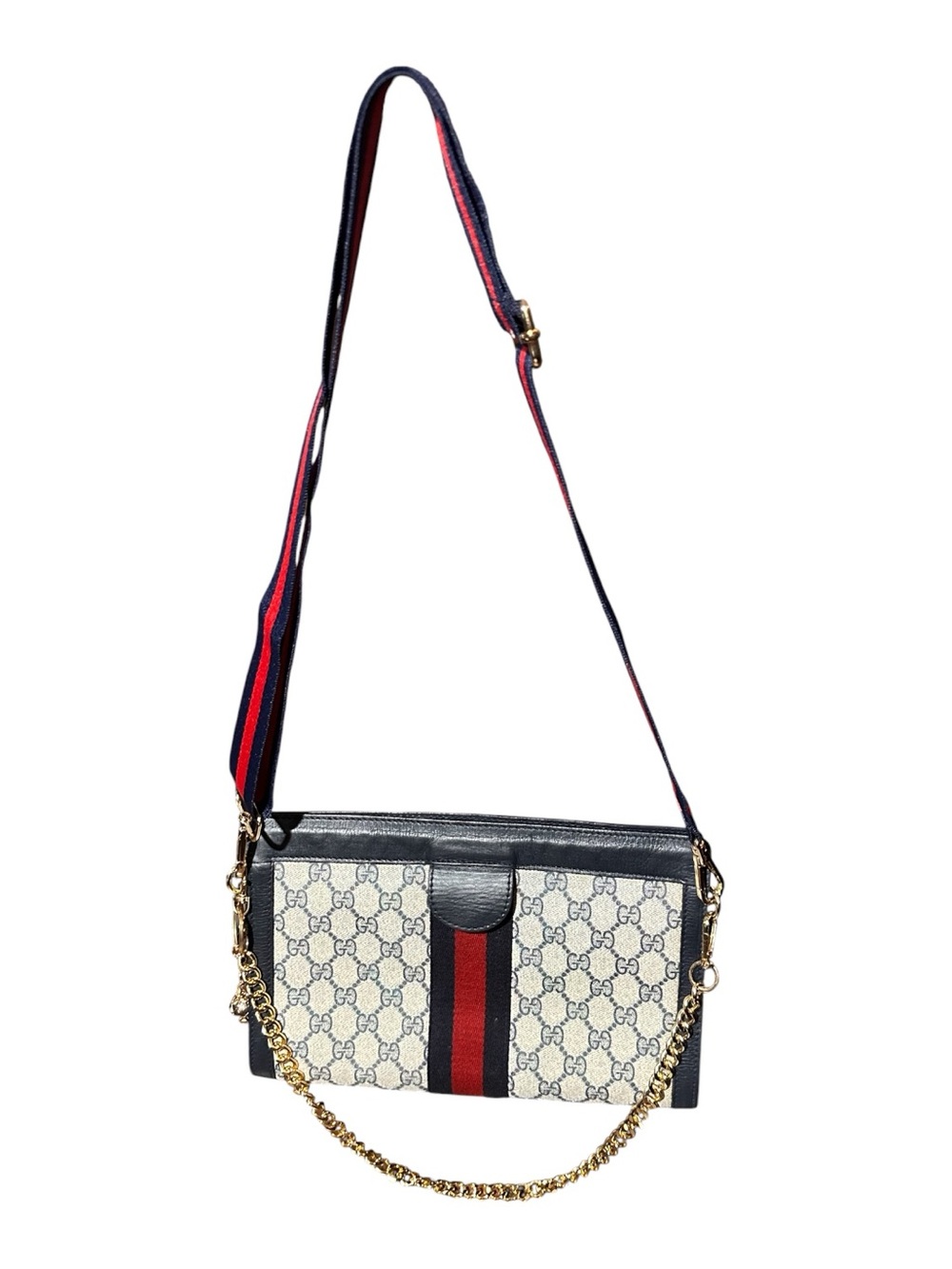 Gucci Navy/Beige Converted GG Monogram Canvas wLeather Crossbody -Navy & Red Web
